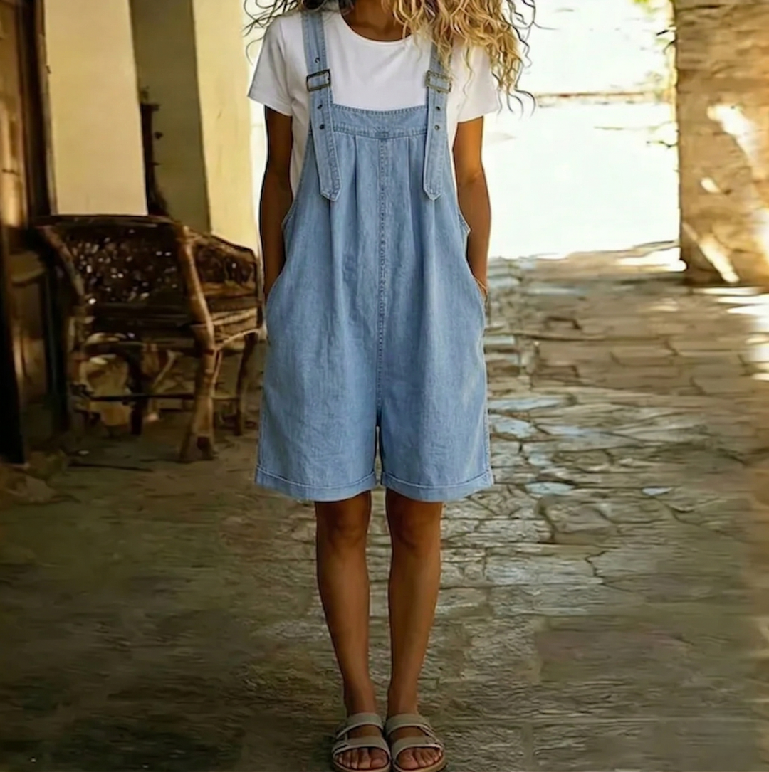 Hannah | Kurze Latzhose aus gewaschenem Vintage-Denim 0