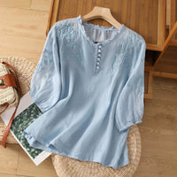 Camilla | Women's Blouse with Floral Embroidery and Ruffled Collar