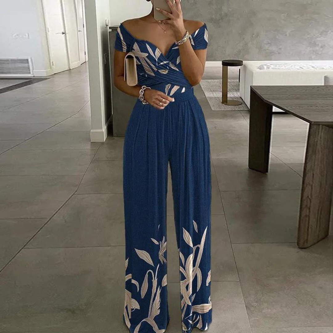 Isla | Eleganter, Schulterfreier Jumpsuit Damen mit Weitem Bein und Blumendruck 0