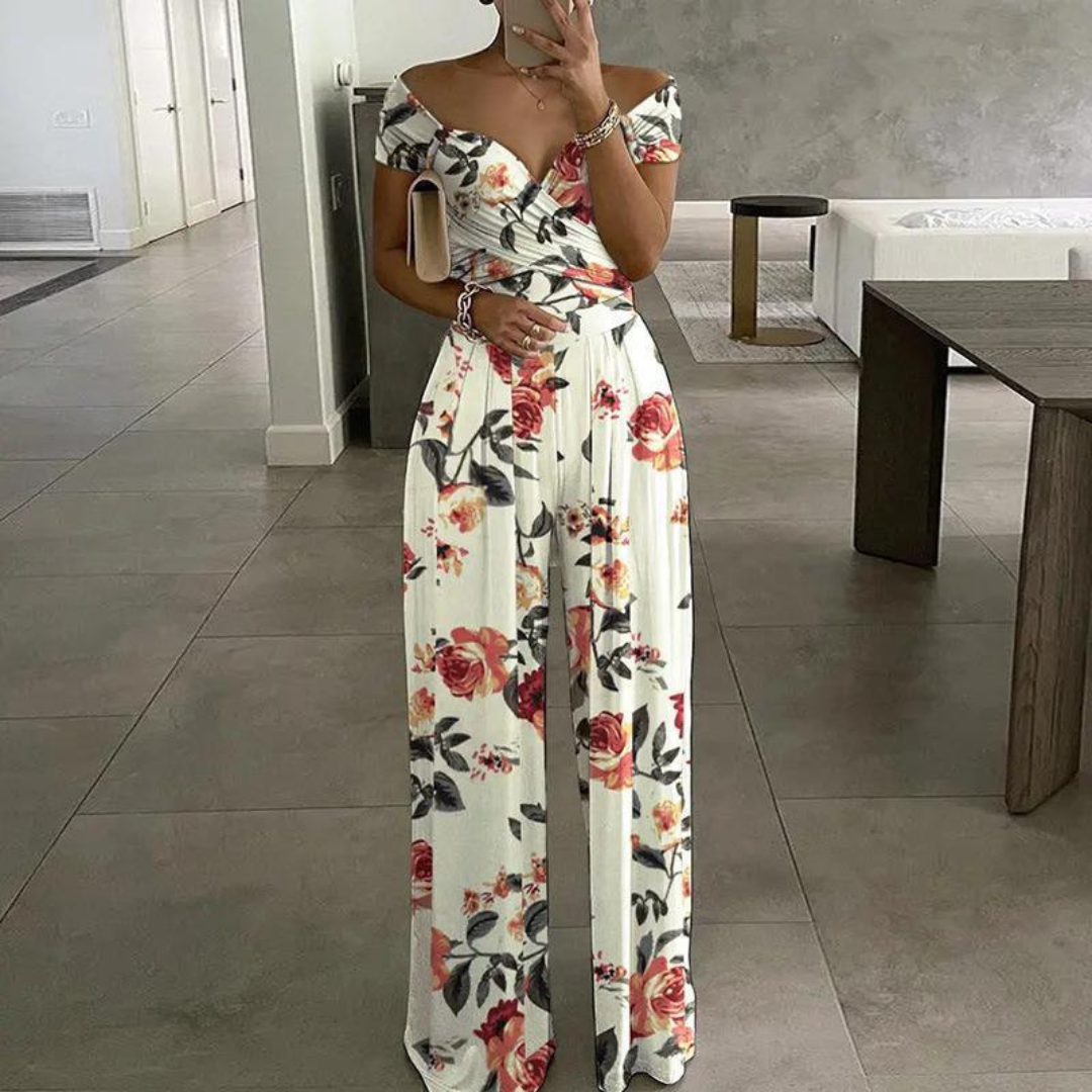 Isla | Eleganter, Schulterfreier Jumpsuit Damen mit Weitem Bein und Blumendruck 4