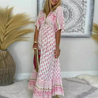 Heike | Elegant and flowing short-sleeve maxi dress with boho print