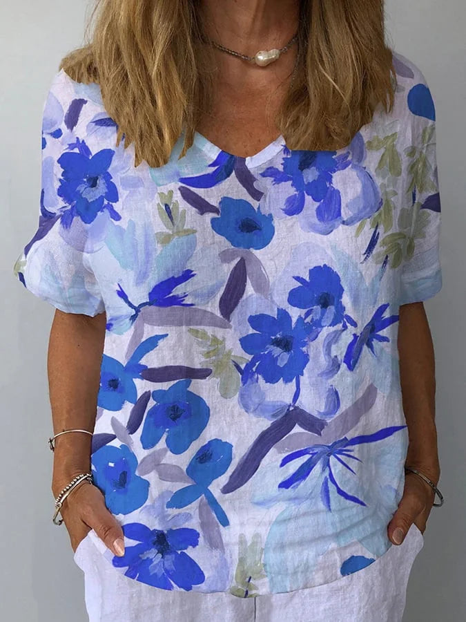 Lina | Entspanntes V-Ausschnitt Damenbluse mit Retro-Blumenprint 4