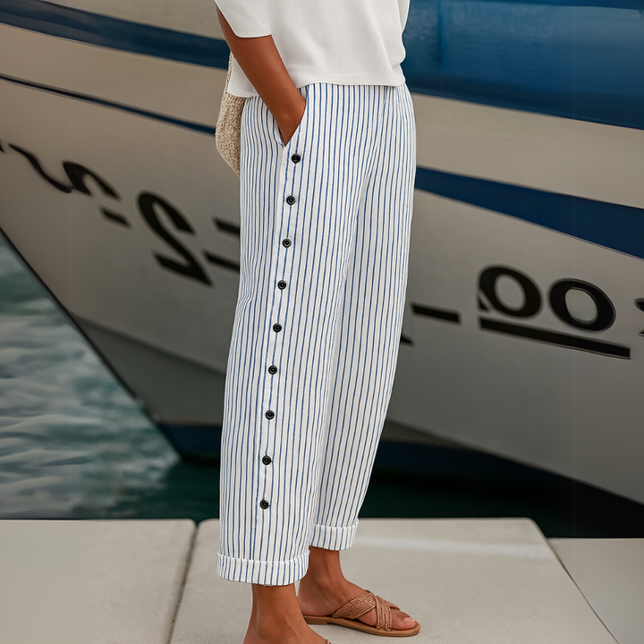 Livia | Elegante Hochtaillierte Gestreifte Knopfhose 3