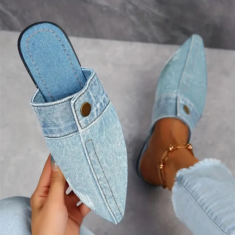 Luna | Elegante, Strukturierte Denim-Mule-Flats mit Spitzem Zehenbereich 0