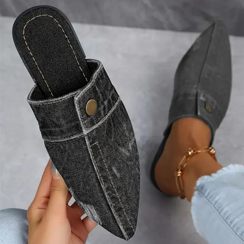 Luna | Elegante, Strukturierte Denim-Mule-Flats mit Spitzem Zehenbereich 1