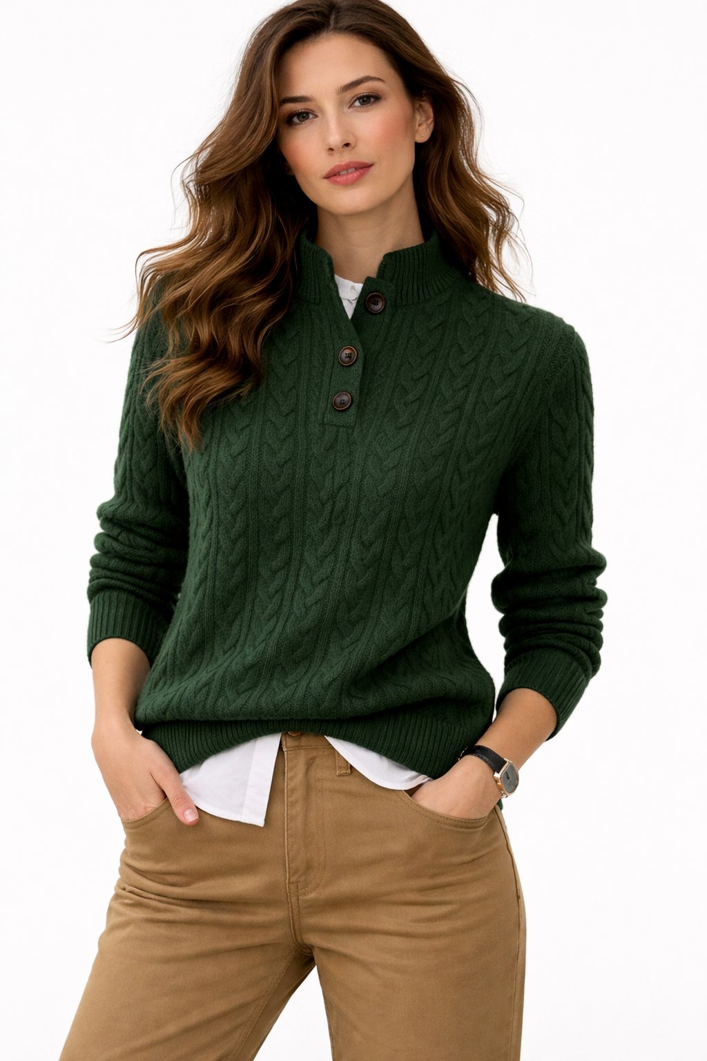 Madison | Bequemer und warmer Zopfstrickpullover mit Knopfleiste am Kragen 1