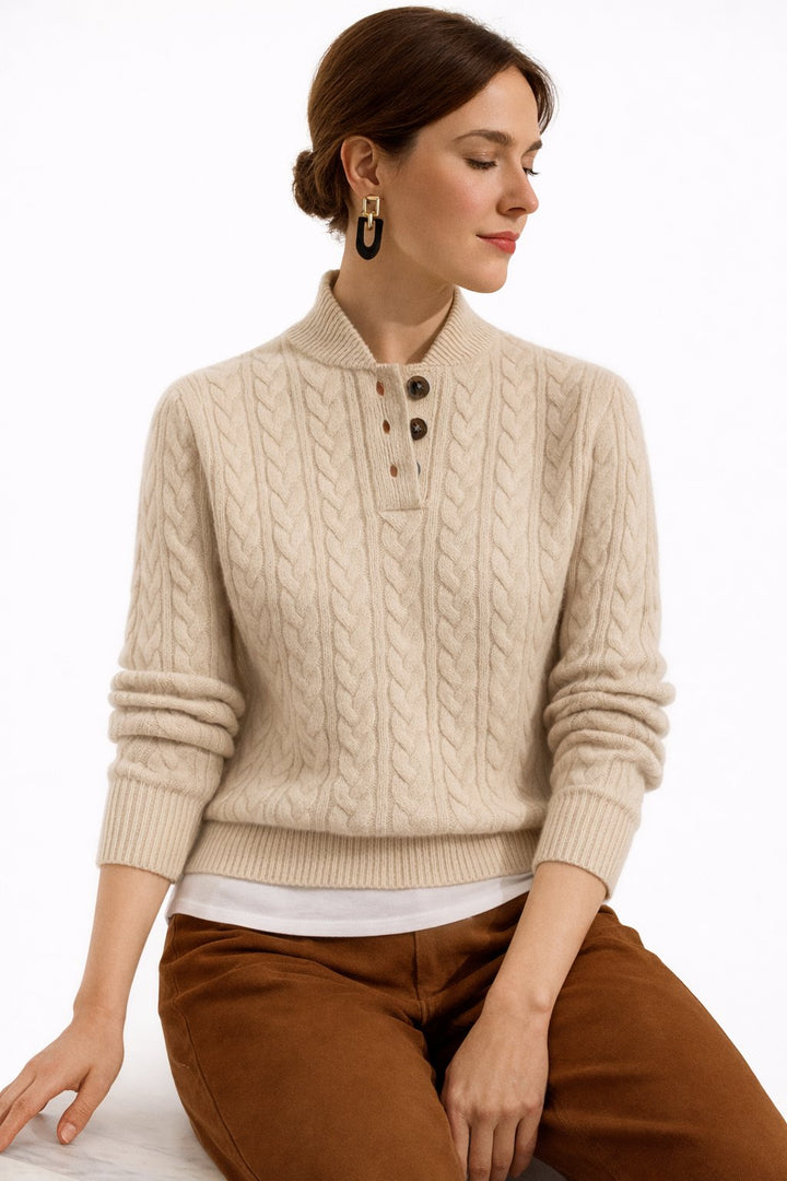 Madison | Bequemer und warmer Zopfstrickpullover mit Knopfleiste am Kragen 3