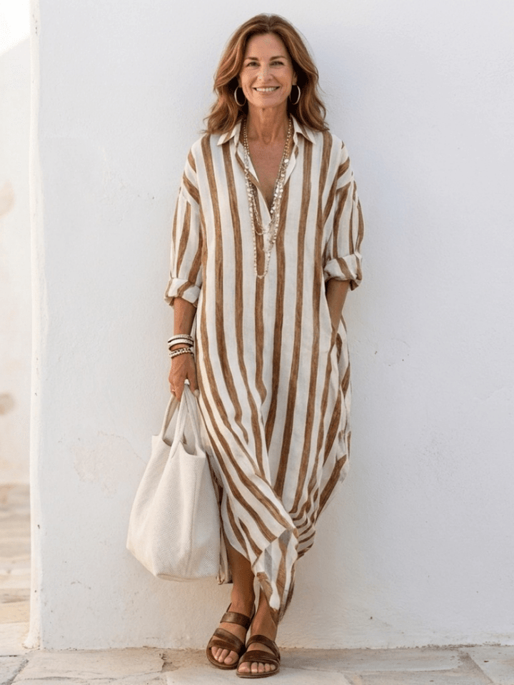 Mavena | Elegantes Gestreiftes Langarm-Hemdblusenkleid 6
