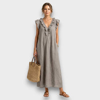 Esmee| Elegant linen maxi dress with floral embroidery