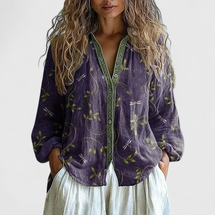 Mira | Bequeme, Elegante Damenbluse mit Retro-Blattdruck für Festliche Anlässe 0