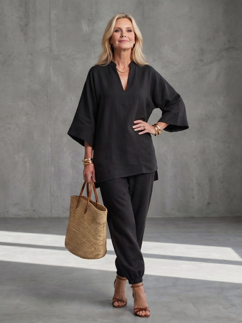 Sarina | Leicht, Elegant &amp; Lässig Tunika-Set mit V-Ausschnitt und Hose 4