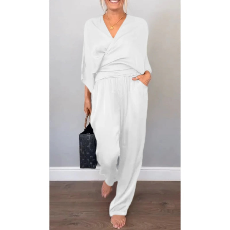 Sienna | Elegantes Loungewear Set Damen – Bequemes Wickeloberteil & Weite Hose 2