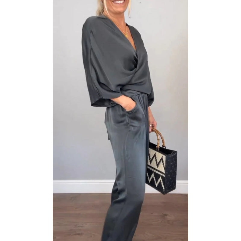 Sienna | Elegantes Loungewear Set Damen – Bequemes Wickeloberteil & Weite Hose 7