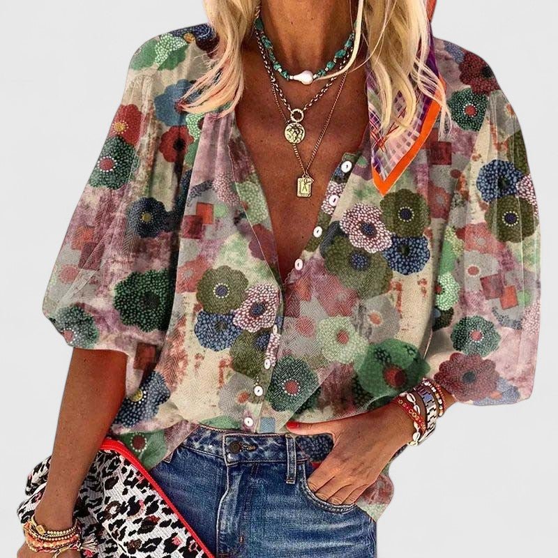 Valentina | Elegante V-Ausschnitt Bluse mit floralem Print 0