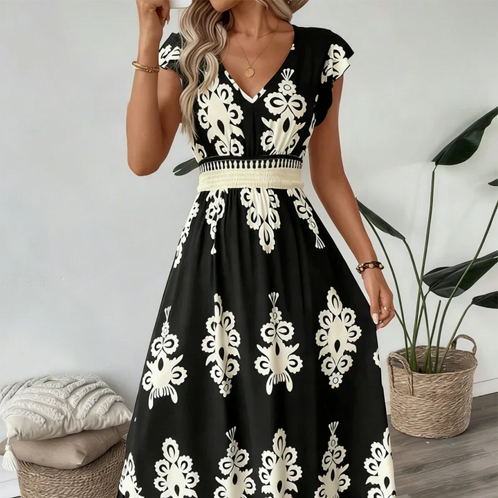 Vera | Elegantes Festliches Kleid für Damen – Fließendes Midi mit V-Ausschnitt und Allover-Print 0