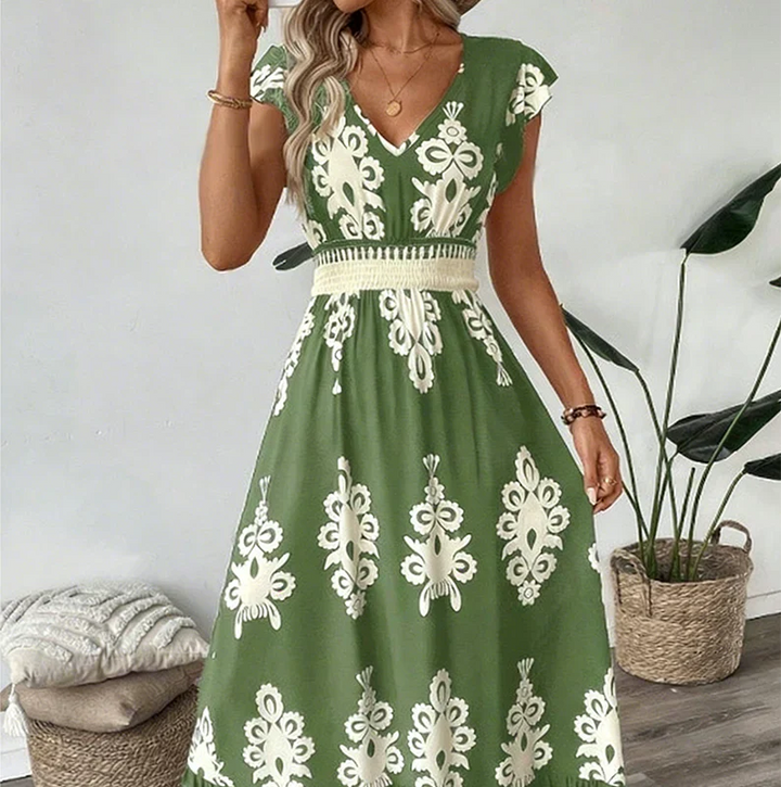 Vera | Elegantes Festliches Kleid für Damen – Fließendes Midi mit V-Ausschnitt und Allover-Print 2