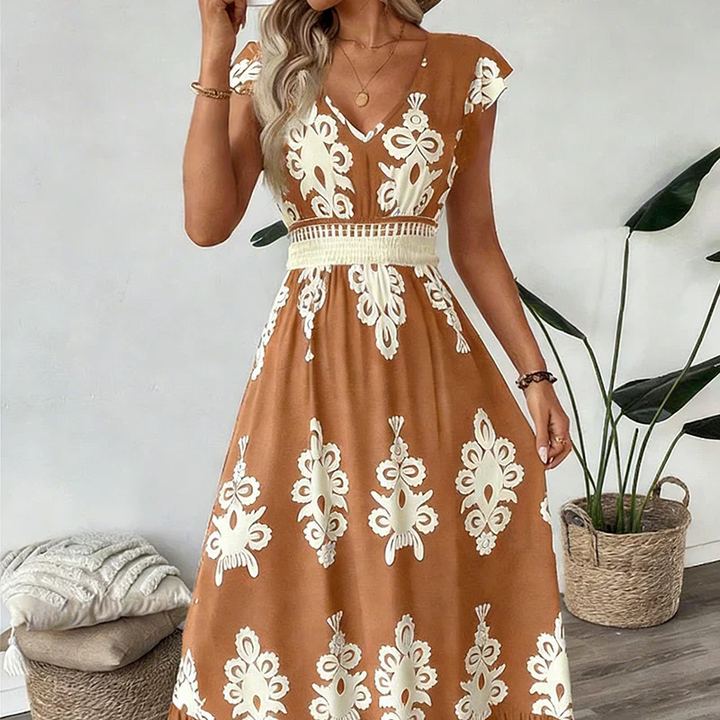 Vera | Elegantes Festliches Kleid für Damen – Fließendes Midi mit V-Ausschnitt und Allover-Print 3