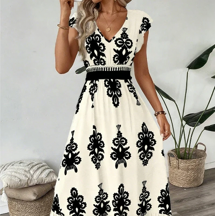 Vera | Elegantes Festliches Kleid für Damen – Fließendes Midi mit V-Ausschnitt und Allover-Print 4