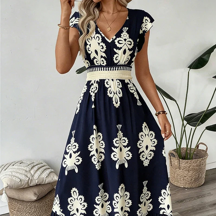Vera | Elegantes Festliches Kleid für Damen – Fließendes Midi mit V-Ausschnitt und Allover-Print 6