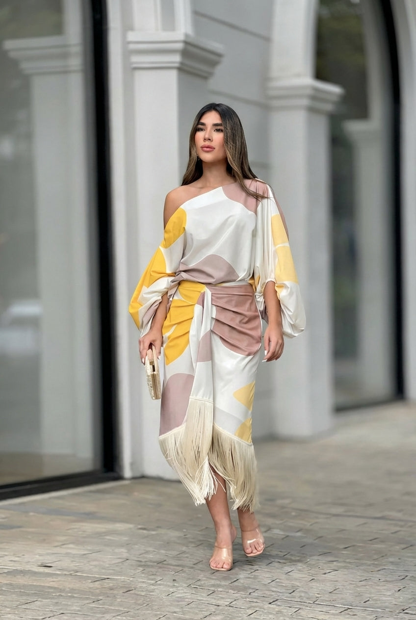 Vera | Elegantes, Asymmetrisches & Bequemes Damen Set – One-Shoulder Midi mit Fransendetails 1