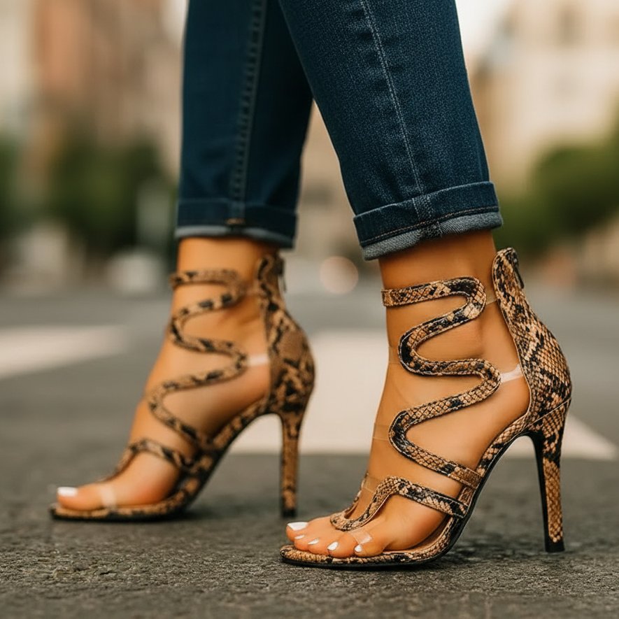 Viora | Elegante Ankle-Wrap-Heels mit Schlangenmuster – Absatzschuhe Damen für Glamouröse Anlässe 0