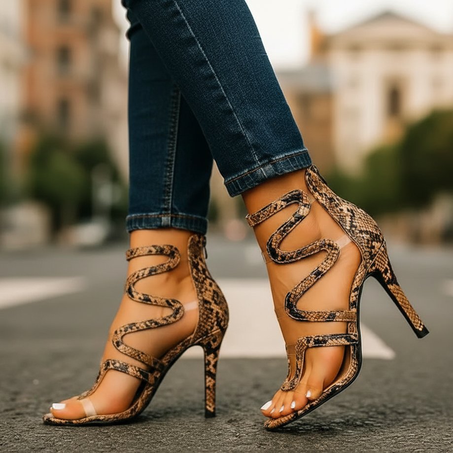 Viora | Elegante Ankle-Wrap-Heels mit Schlangenmuster – Absatzschuhe Damen für Glamouröse Anlässe 1