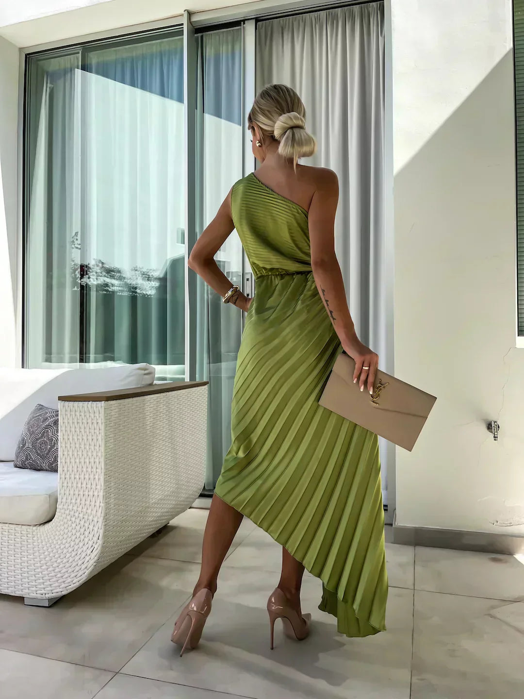 Zaria | Festliche Kleider Damen One-Shoulder Plissee Midi Hochzeitsgast Kleid 3