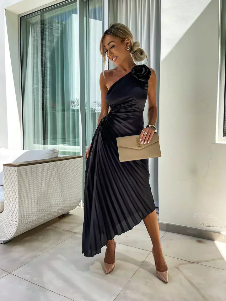 Zaria | Festliche Kleider Damen One-Shoulder Plissee Midi Hochzeitsgast Kleid 4