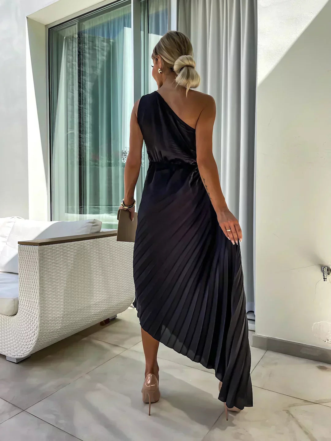Zaria | Festliche Kleider Damen One-Shoulder Plissee Midi Hochzeitsgast Kleid 5