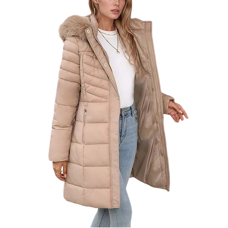 Chevronwarm | Longline Puffer Coat mit Pelzkapuze