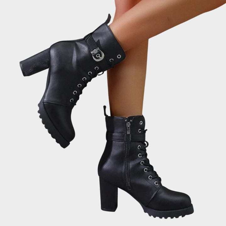 Evelyn | Striking combat ankle boots with laces and a block heel