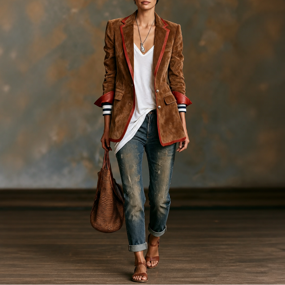 Velvara | Contrast Trim Velvet Blazer – Eleganter Schnitt für Frauen