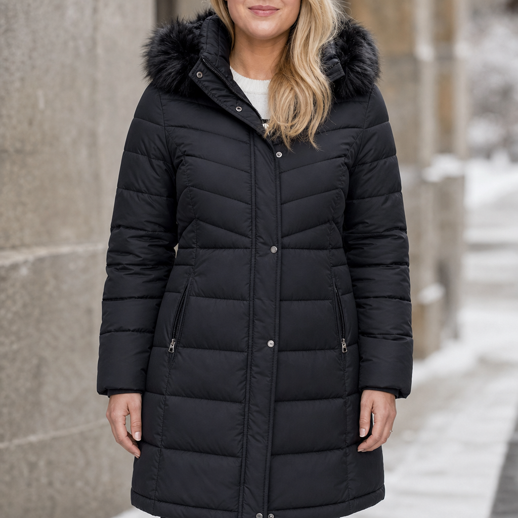 Chevronwarm | Longline Puffer Coat mit Pelzkapuze