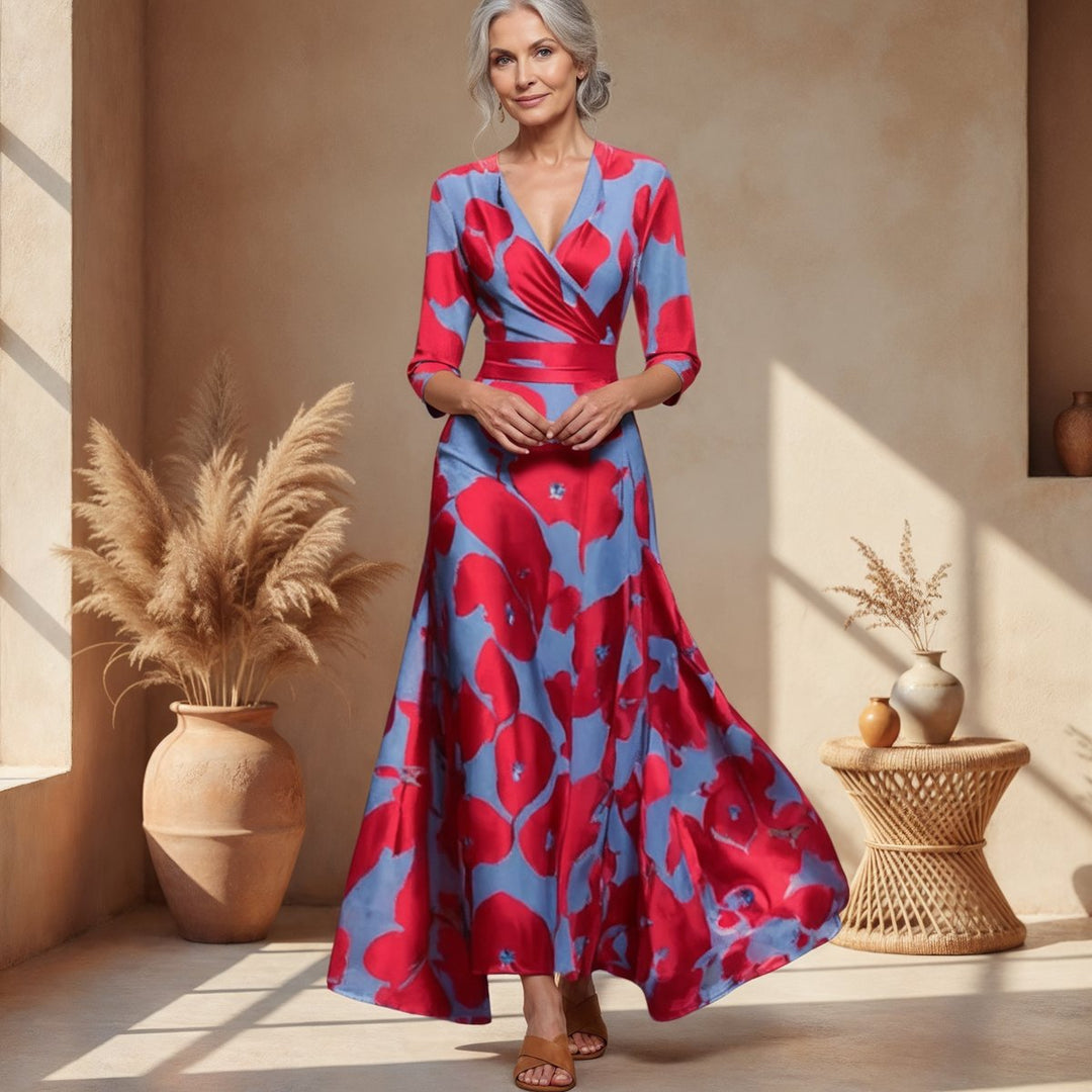 Sophia | Florales Wickel-Maxikleid mit V-Ausschnitt und 3/4-Ärmeln
