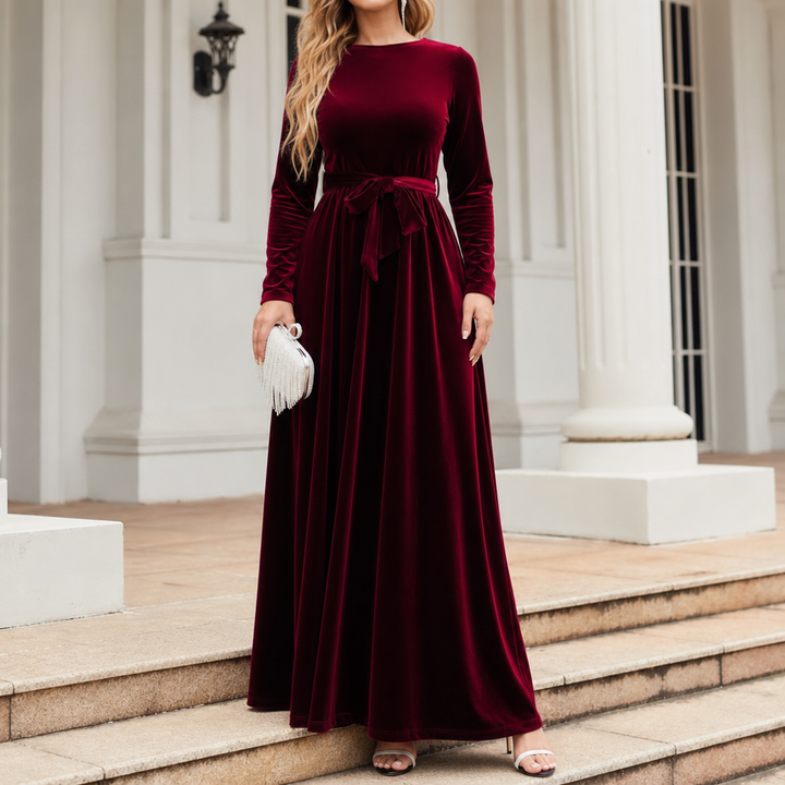 Velvora | A-Line Maxi Dress aus Samt – Elegantes Design mit Taillengurt für besondere Anlässe