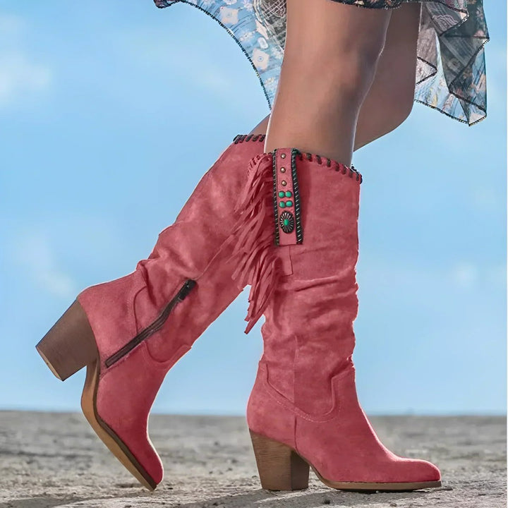 Marina | Boho knee-high suede boots with fringes and turquoise details