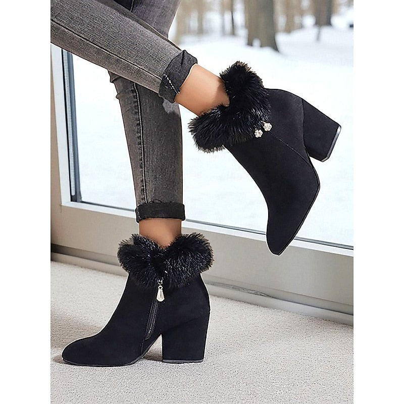 Claire | Ankle Boots mit Blockabsatz und Fellbesatz