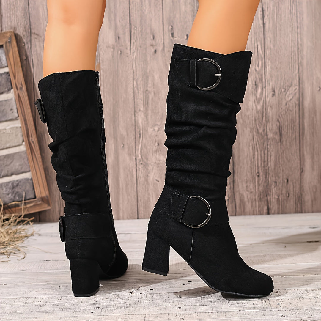 Camille | Moderne kniehohe Stiefel mit Blockabsatz und Schnallendetails