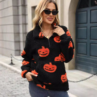 Lotte | Kürbis-Print Fronttaschen Plüsch Halloween-Sweater