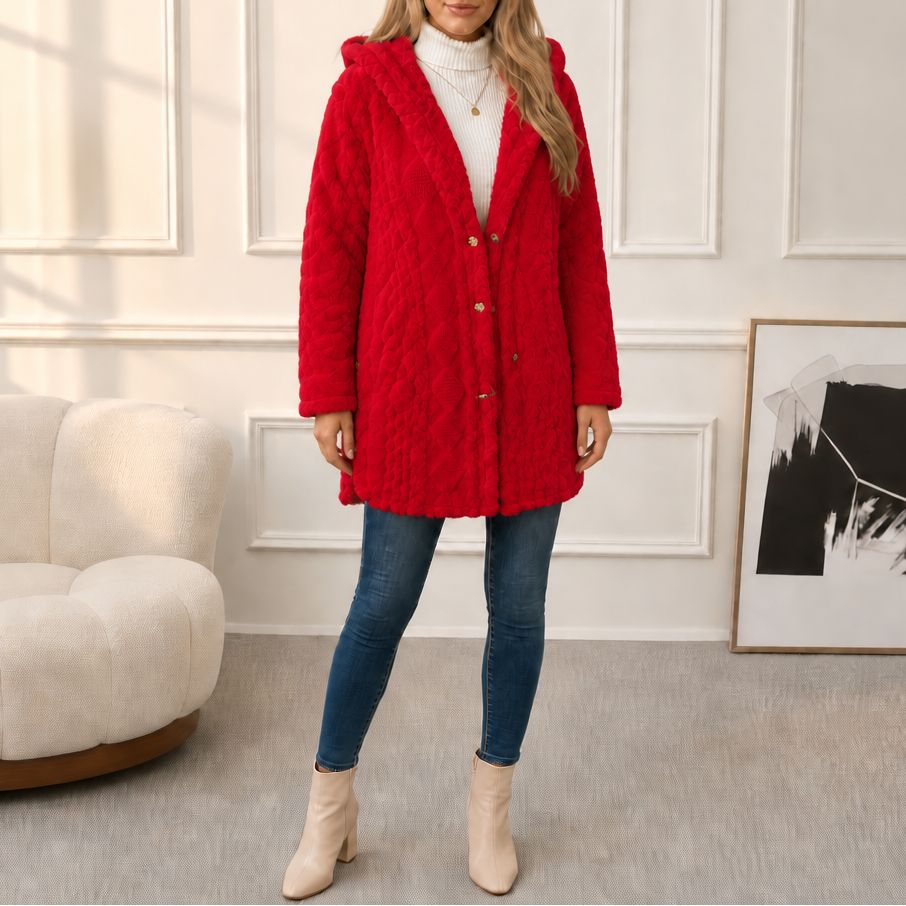 Wearbella | Hooded Plush Coat – Diamond Jacquard Design