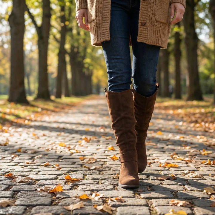 Zara | Elegant knee-high slouch boots with a low block heel