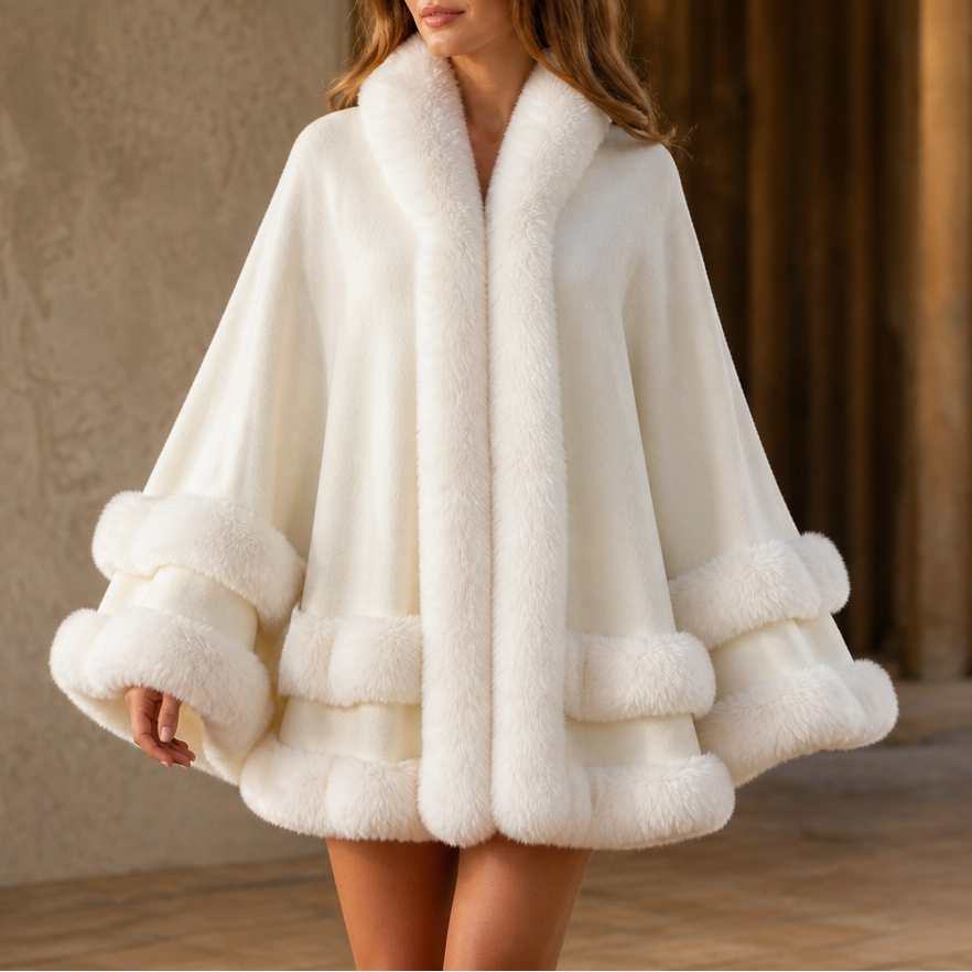 Wearbella | Hooded Knit Cape Coat mit Faux-Fur-Besatz