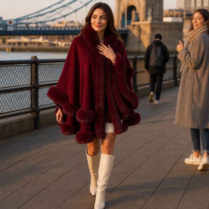 Wearbella | Hooded Knit Cape Coat mit Faux-Fur-Besatz