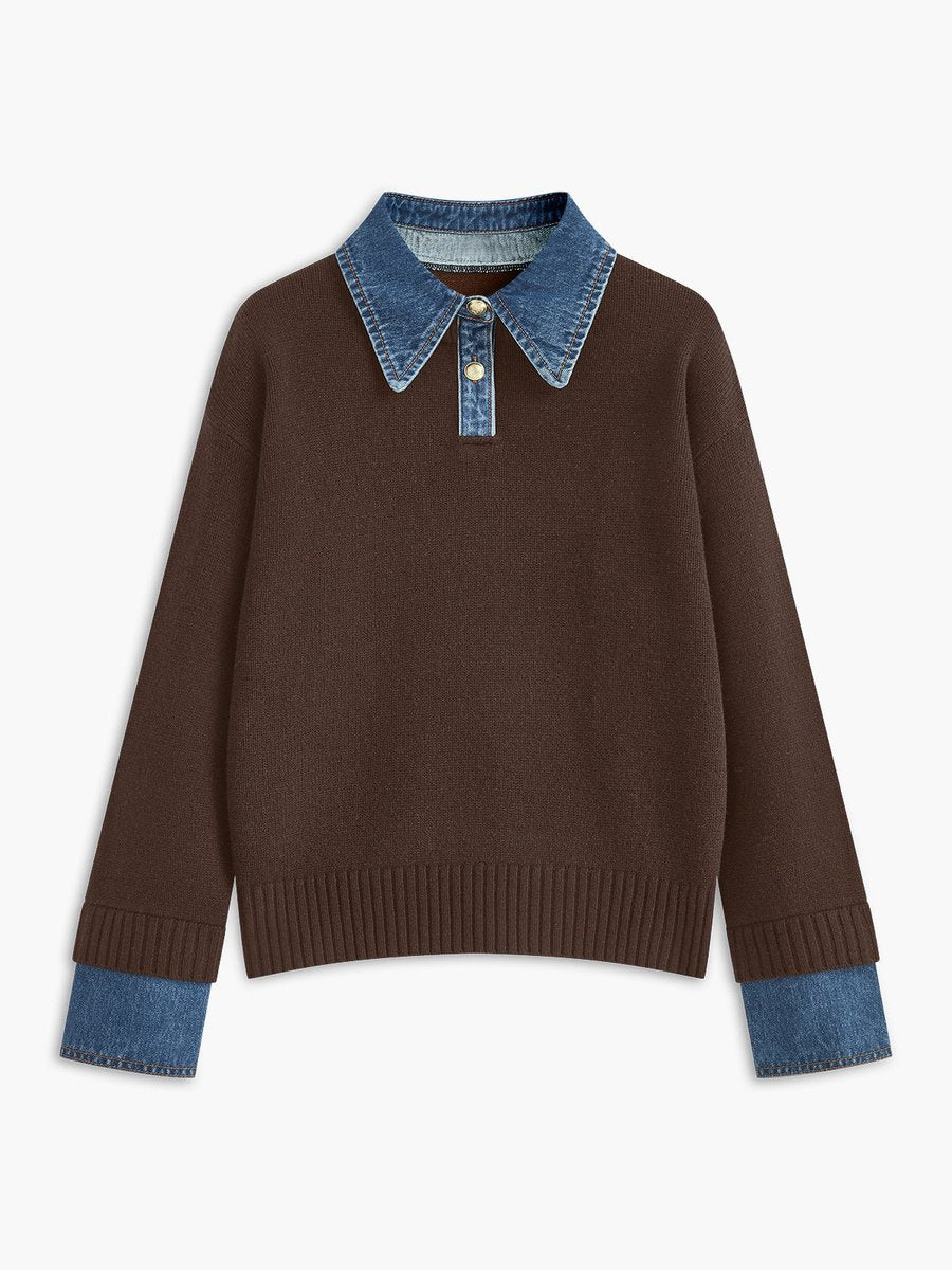 Victoria | Elegant Women's Knit Sweater with Denim Collar