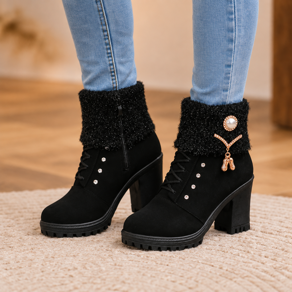 Wearbella | Gefütterte Blockabsatz Stiefel mit Strass