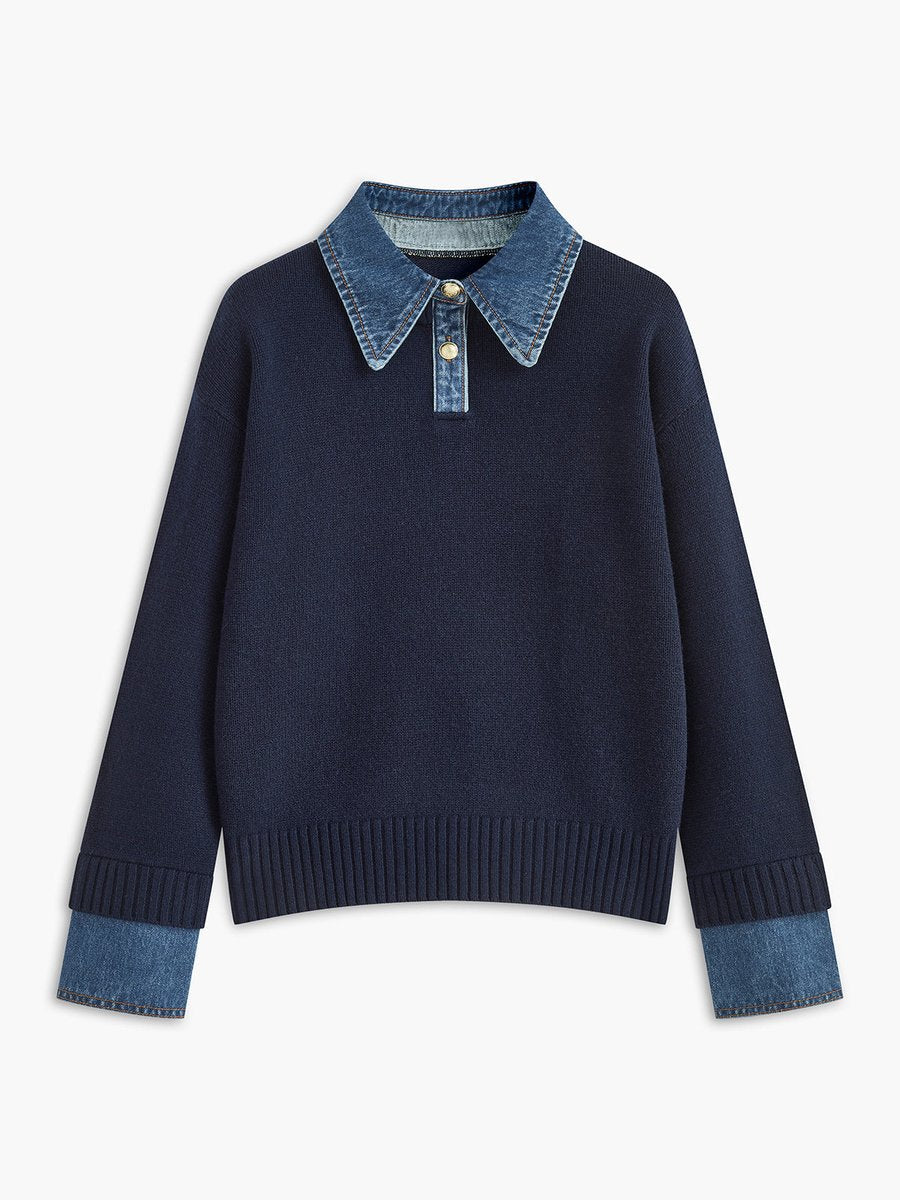 Victoria | Elegant Women's Knit Sweater with Denim Collar