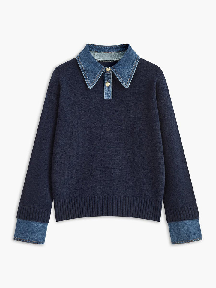 Victoria | Elegant Women's Knit Sweater with Denim Collar
