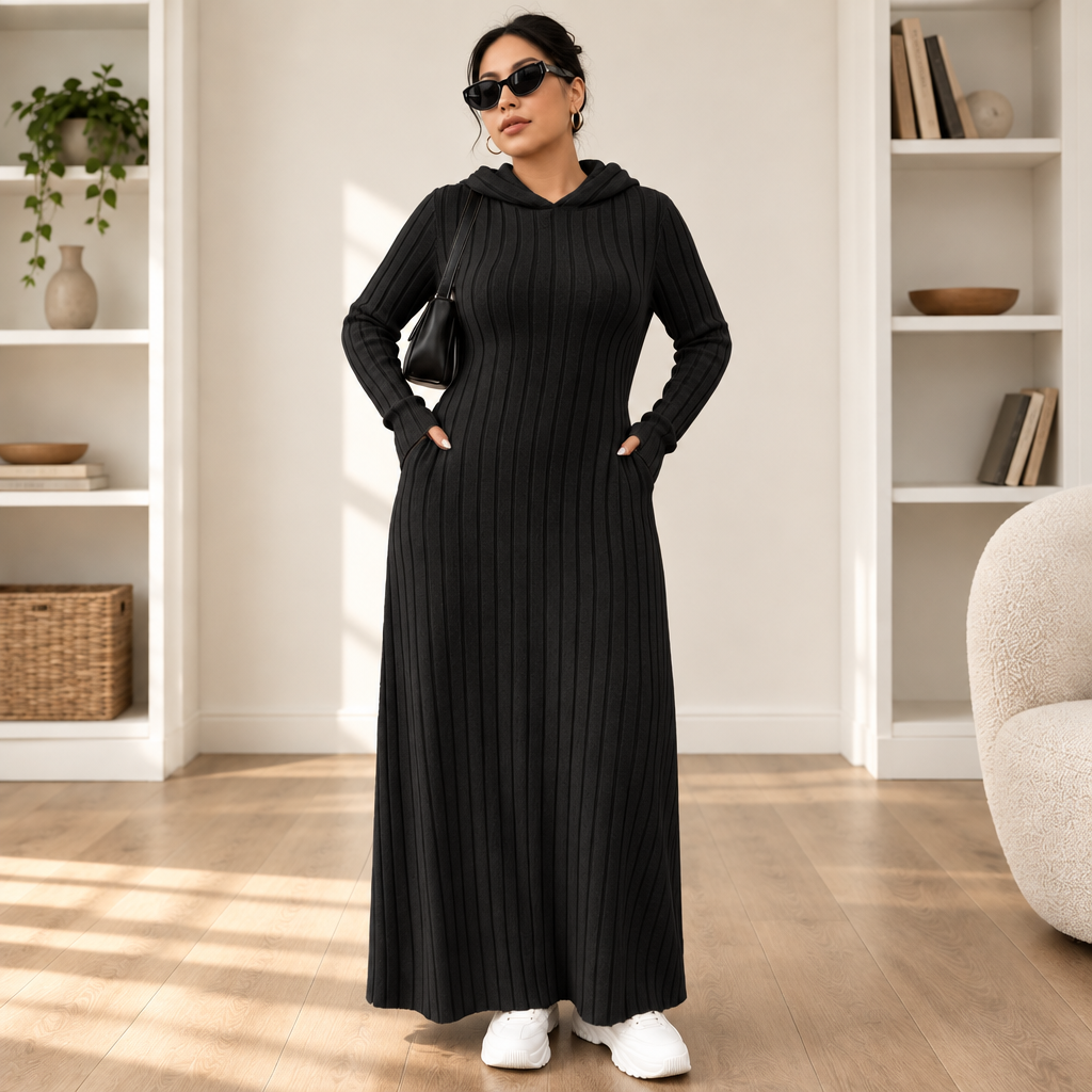 Ribwarm | Hoodie-Maxi-Kleid aus Rippstrick