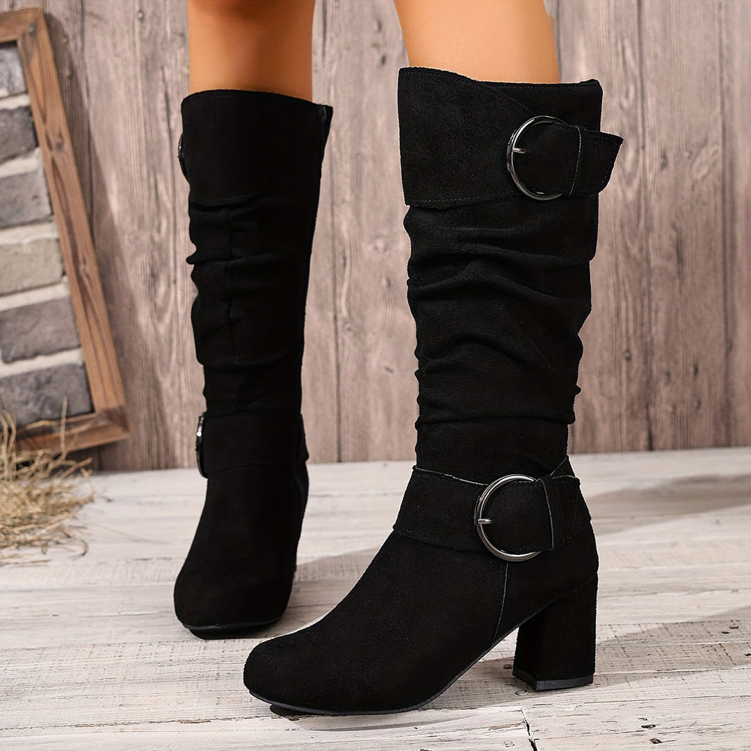 Camille | Moderne kniehohe Stiefel mit Blockabsatz und Schnallendetails
