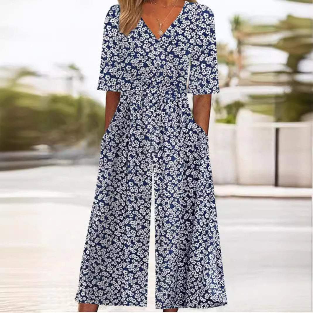 Annika | Jumpsuit für Damen – Boho Blumenmuster mit V-Ausschnitt